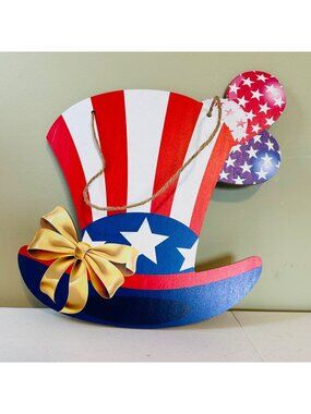 Patriotic Uncle Sam Hat with Ribbon Door Hanger Fourth of July decoration sign